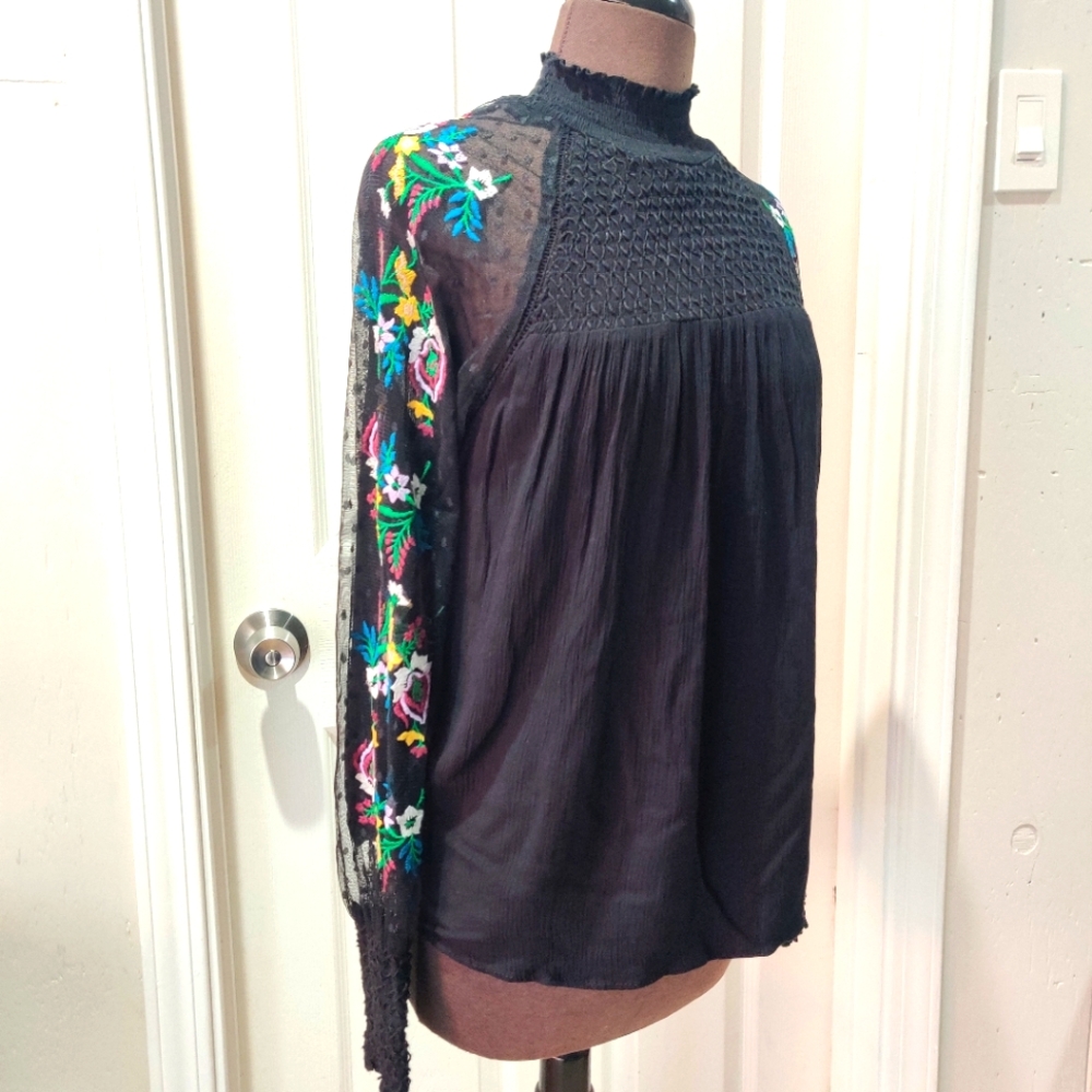 Ban Jara Floral Embroidered Sheer Mesh Long Sleeve Black Blouse S